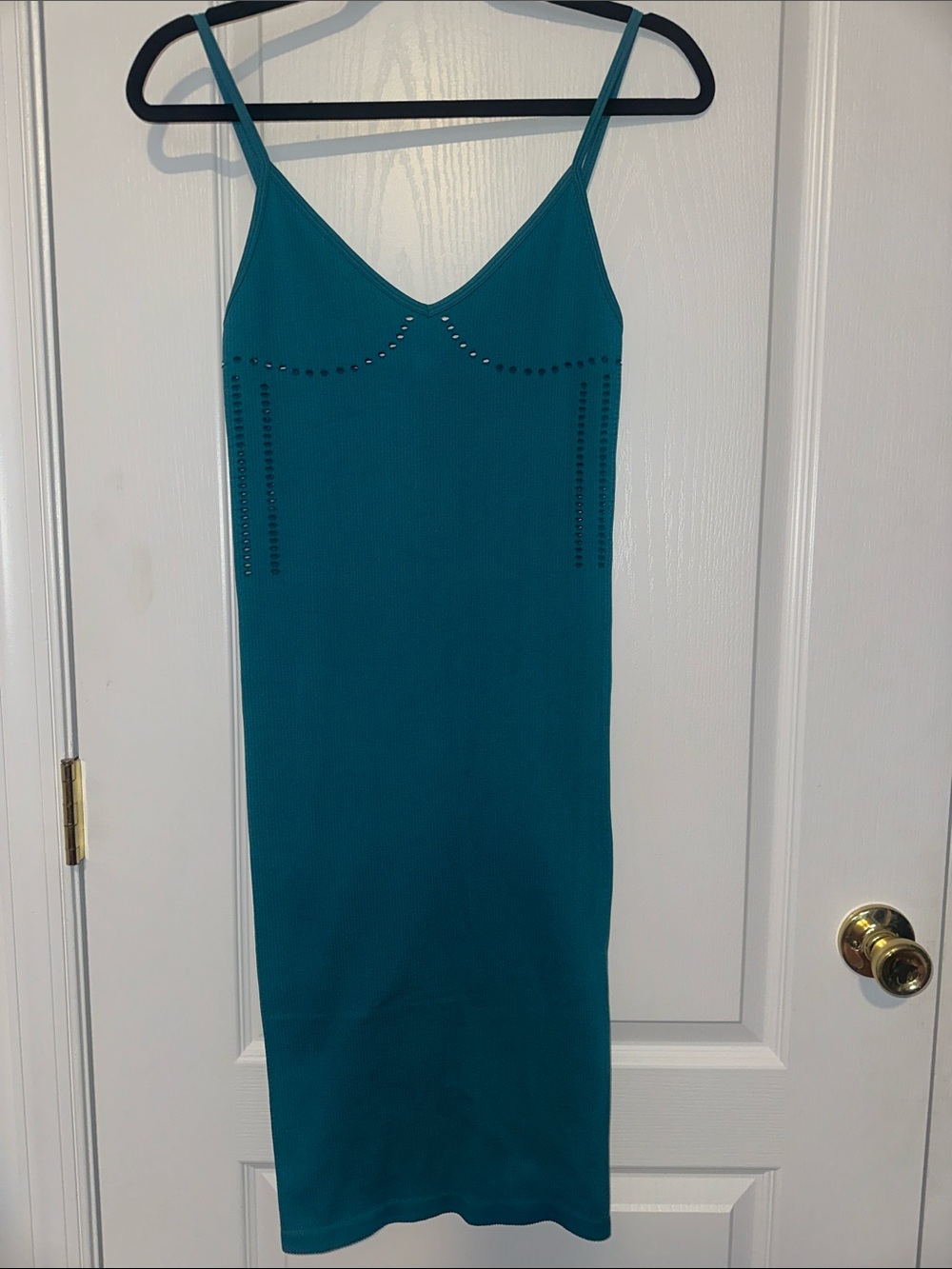 Zara Teal Ribbed Bodycon Midi Dress with Stud Trim